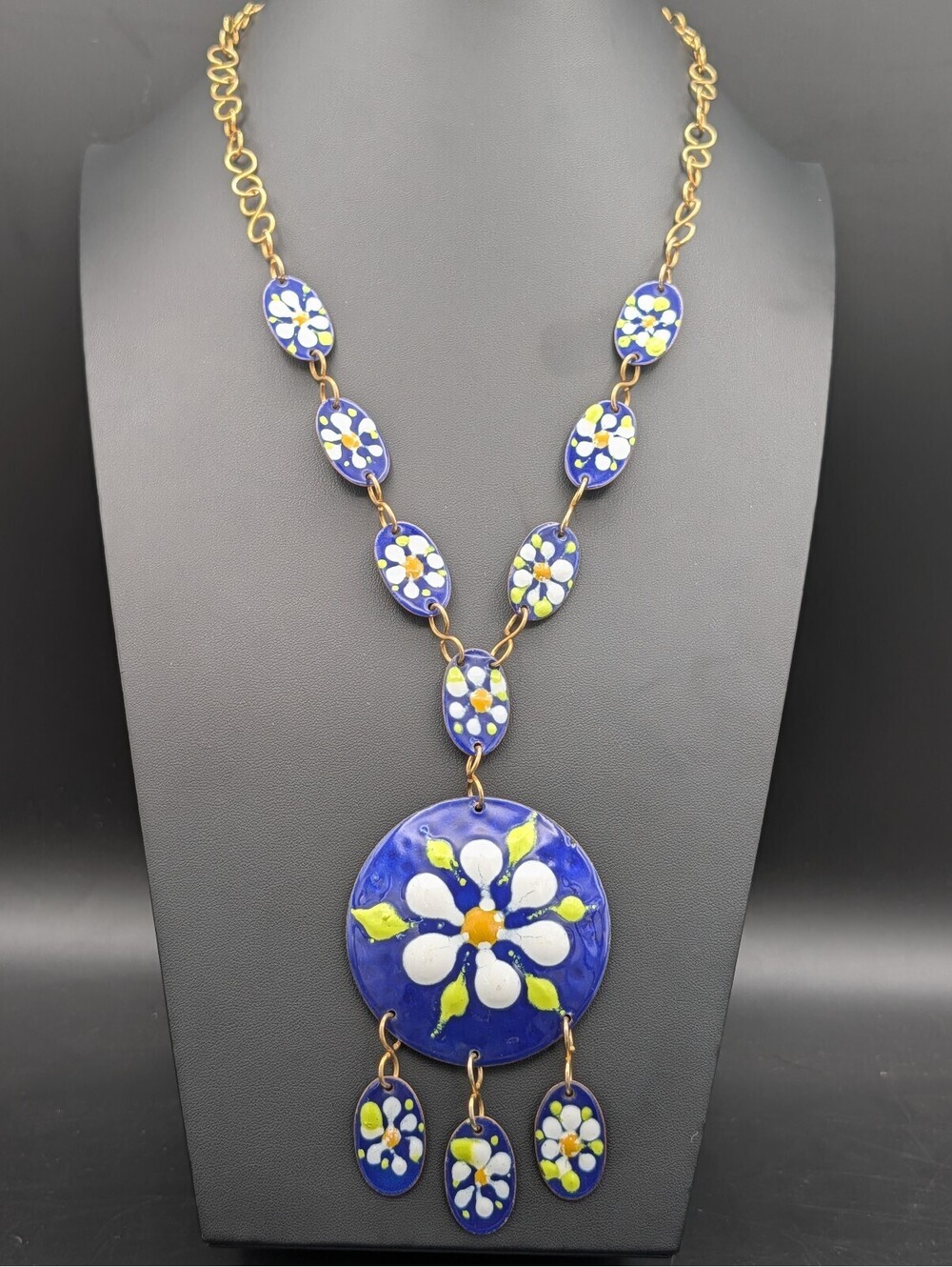George Moissiadis Greek Enamel Copper Daisy Floral Statement Pendant Necklace